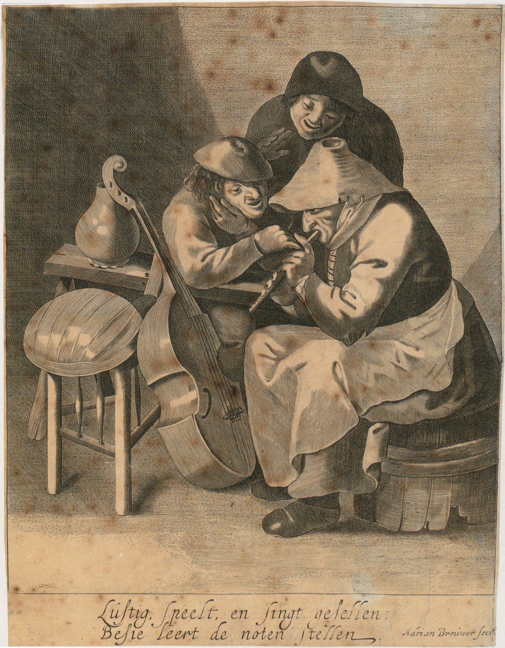 Uma flautista e dois camponeses de Adriaen Brouwer