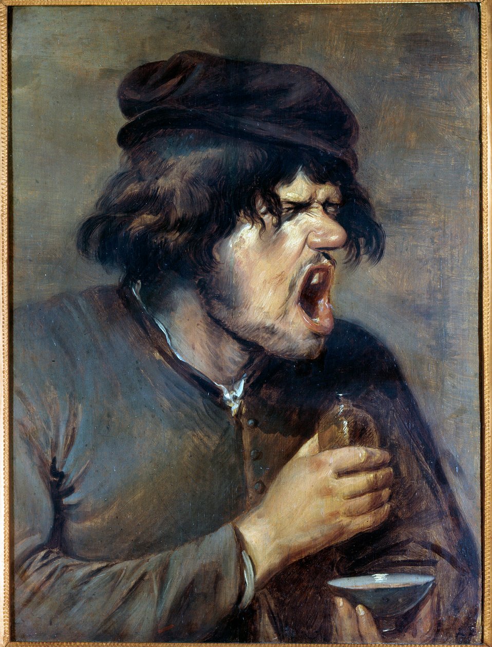 O mau médico Um homem que sobe enquanto bebe um remédio. Pintura de Adrian Brouwer (1605-1638) (ec.flam.) Dijon do século XVII, Musee des Beaux Arts de Adriaen Brouwer