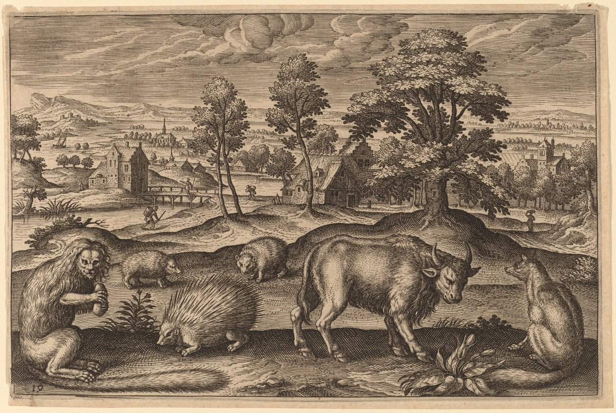 Um macaco, um porco-espinho, dois ouriços, um búfalo e uma raposa de Adriaen Collaert