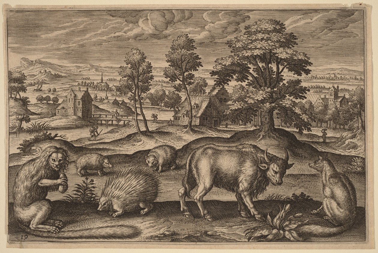 Um macaco, um porco-espinho, dois ouriços, um búfalo e uma raposa de Adriaen Collaert