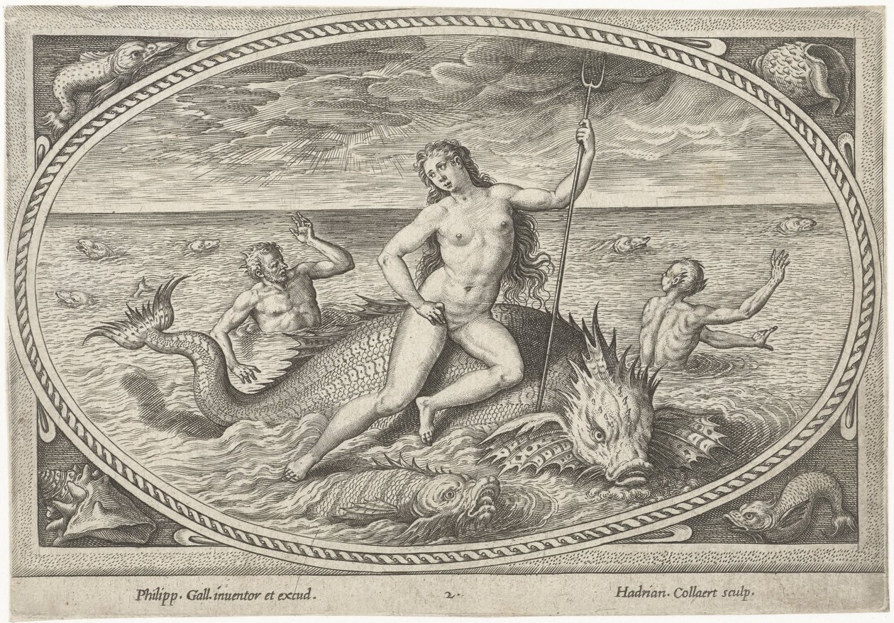 Anfiitrita num peixe
Deuses do mar (título da série) de Adriaen Collaert