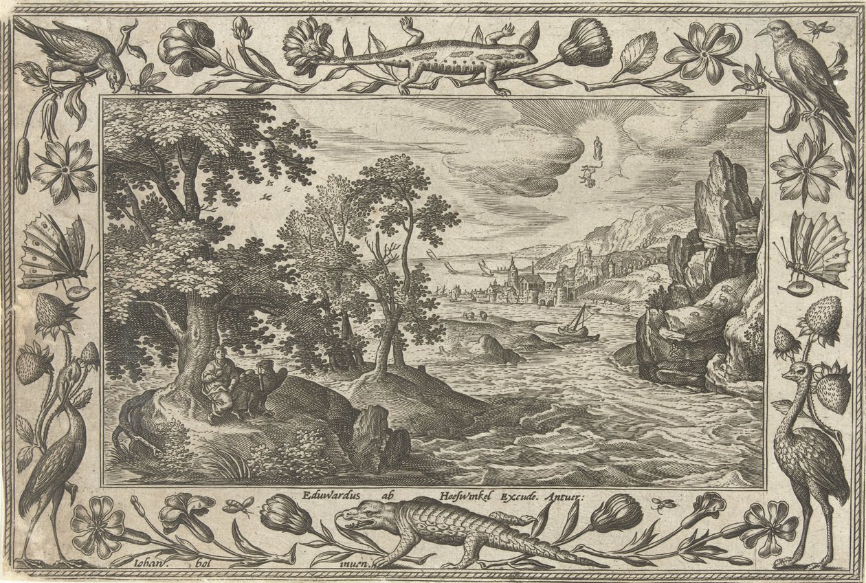 Apóstolo João em Patmos Paisagens com cenas bíblicas, mitológicas e de caça (título da série) de Adriaen Collaert