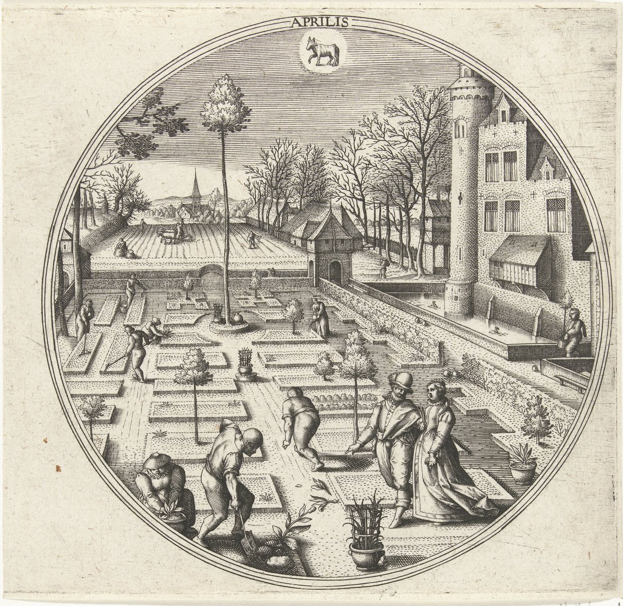 abril Aprilis (título no objeto) Os Doze Meses (título da série) de Adriaen Collaert