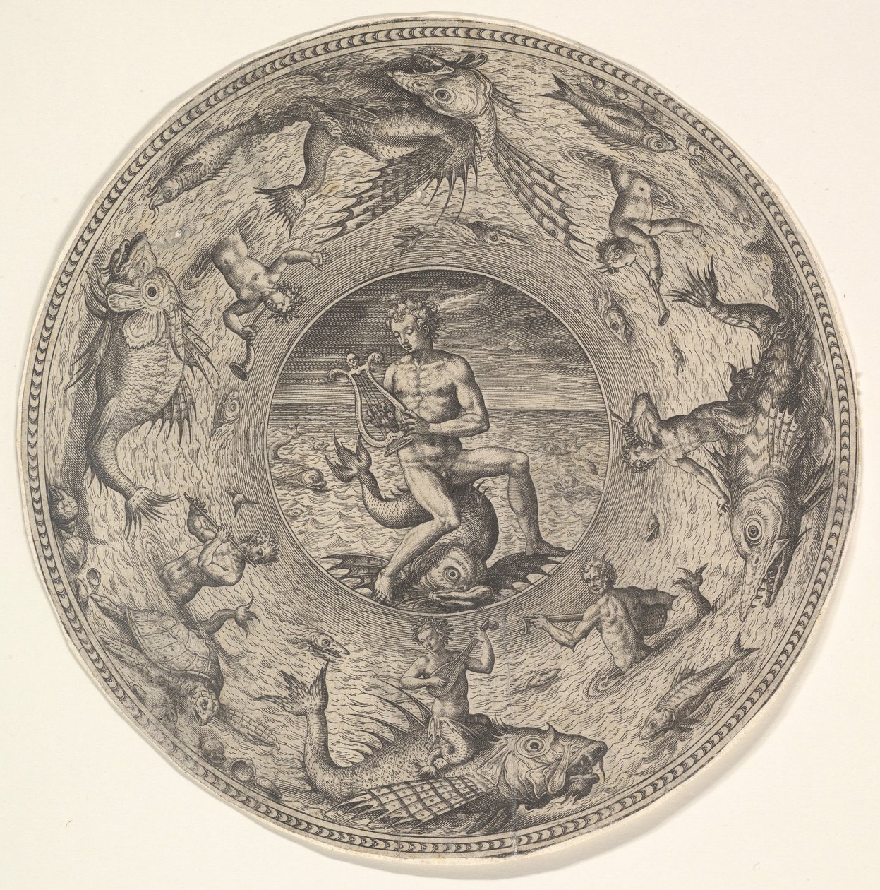 Arion em um golfinho cercado por uma borda decorada com criaturas do mar, de um conjunto de ..., 1580-1600. de Adriaen Collaert