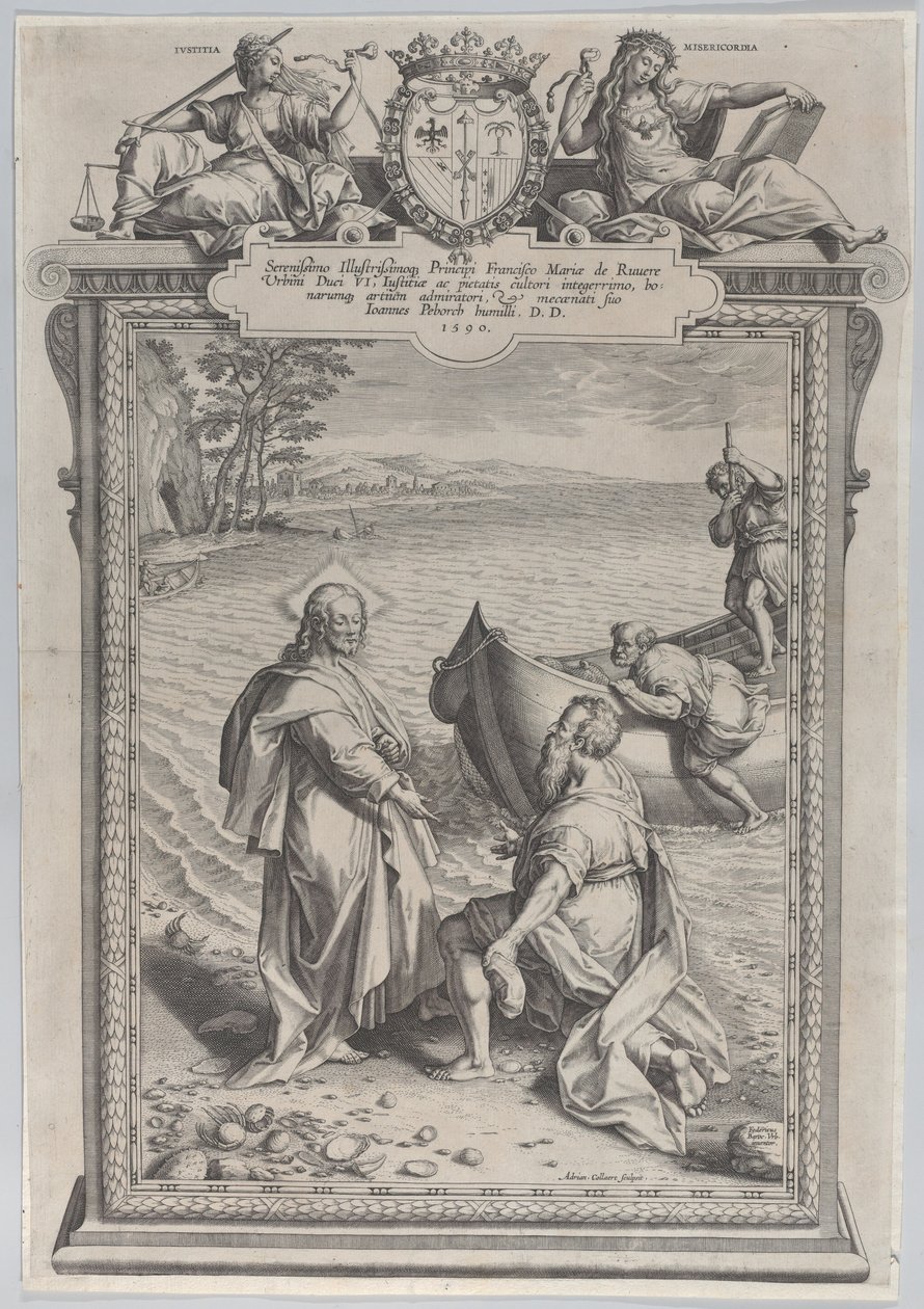 Cristo chamando Santo André, que se ajoelha diante dele na praia, e São Pedro, que sobe..., 1590. de Adriaen Collaert