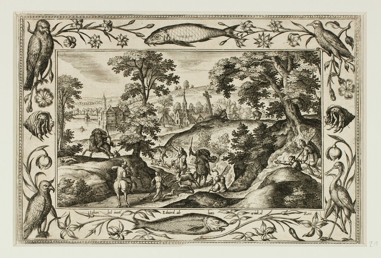 Caça ao veado, a partir de Paisagens com cenas do Antigo e do Novo Testamento e cenas de caça de Adriaen Collaert