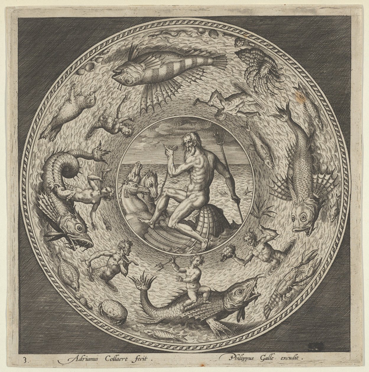 Projeto para uma Placa com Netuno em uma Concha Desenhada por Cavalos em um Medalhão Bordado por ..., c1600. de Adriaen Collaert