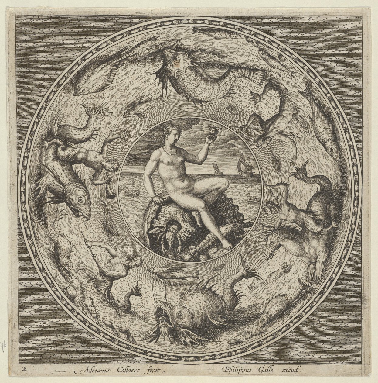 Projeto para uma placa com Thetis em uma concha em um medalhão cercado por monstros marinhos, c1600. de Adriaen Collaert