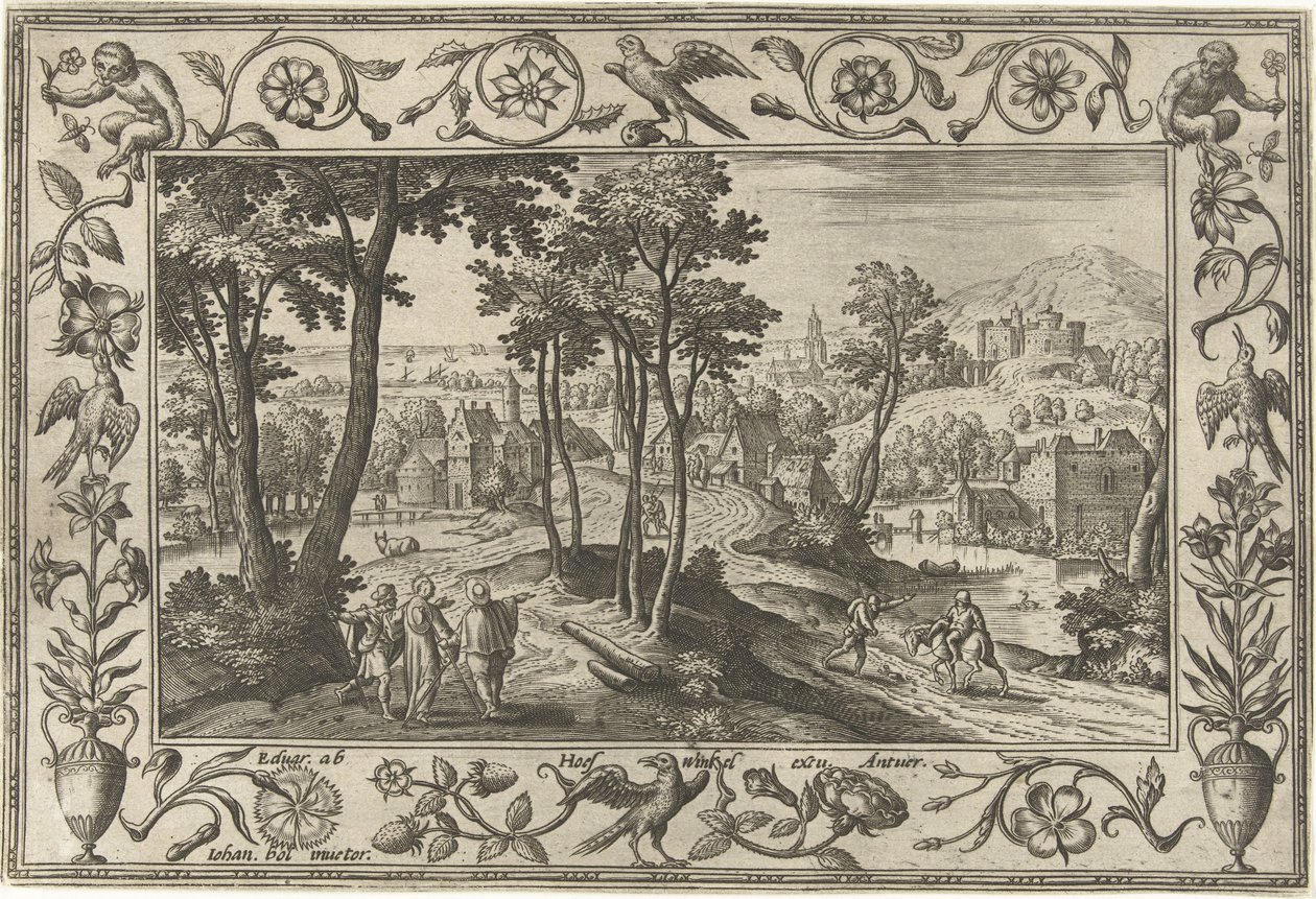 frequentadores de emaús Paisagens com cenas bíblicas, mitológicas e de caça (título da série) de Adriaen Collaert