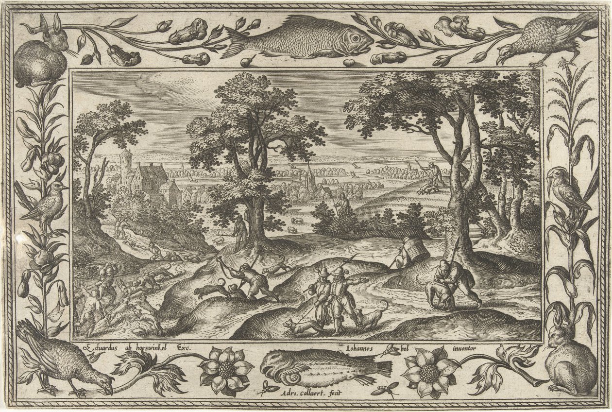 Caça à lebre
Paisagens com cenas bíblicas, mitológicas e cenas de caça (título da série) de Adriaen Collaert