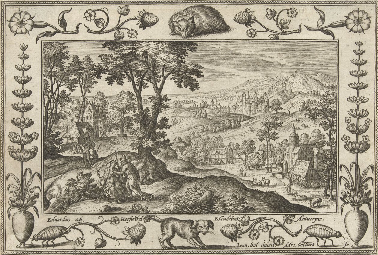 Judá e Tamar Paisagens com cenas bíblicas, mitológicas e de caça (título da série) de Adriaen Collaert