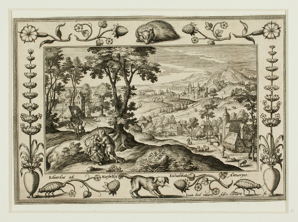 Judá e Tamar, de Paisagens com cenas do Antigo e do Novo Testamento e cenas de caça de Adriaen Collaert