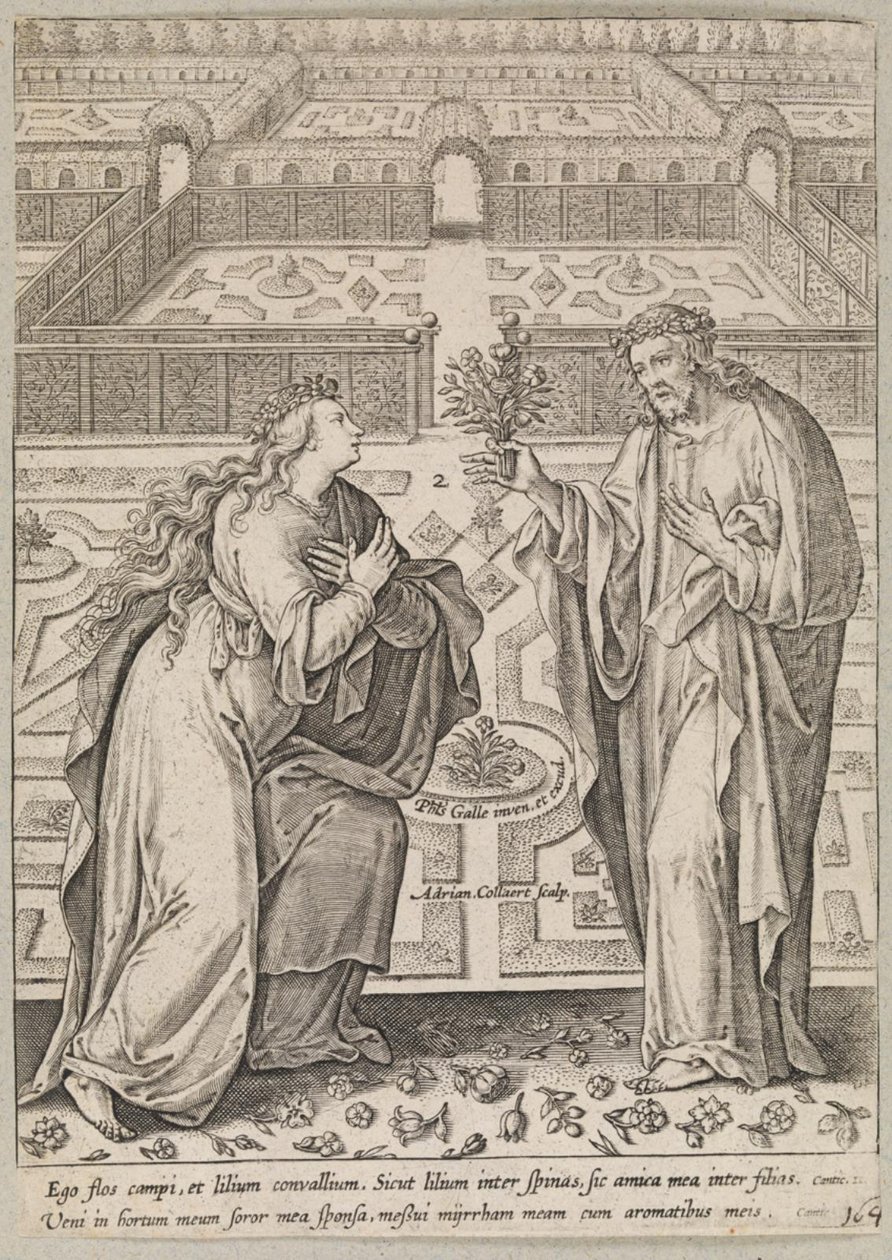 Cristo e sua noiva, Ecclesia, em um jardim de Adriaen Collaert