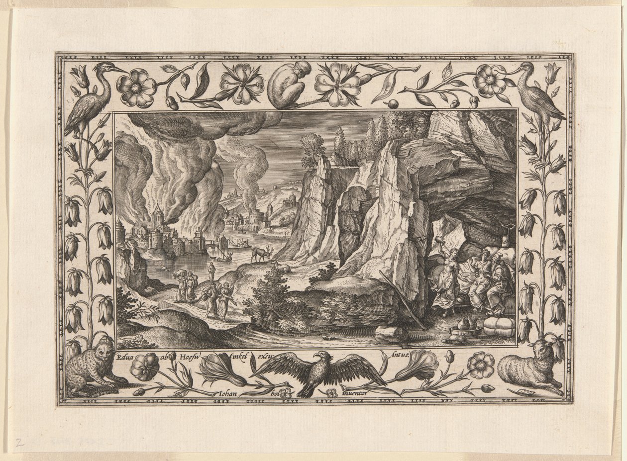 Lot e as suas filhas, de Paisagens com cenas do Antigo e do Novo Testamento e cenas de caça de Adriaen Collaert