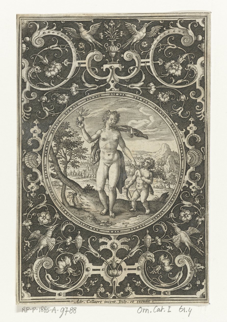 Medalhão com Vênus e Amor em uma moldura grotesca com flores, guirlandas, animais e mascarões Medalhões com figuras do Julgamento de Paris (título da série) de Adriaen Collaert