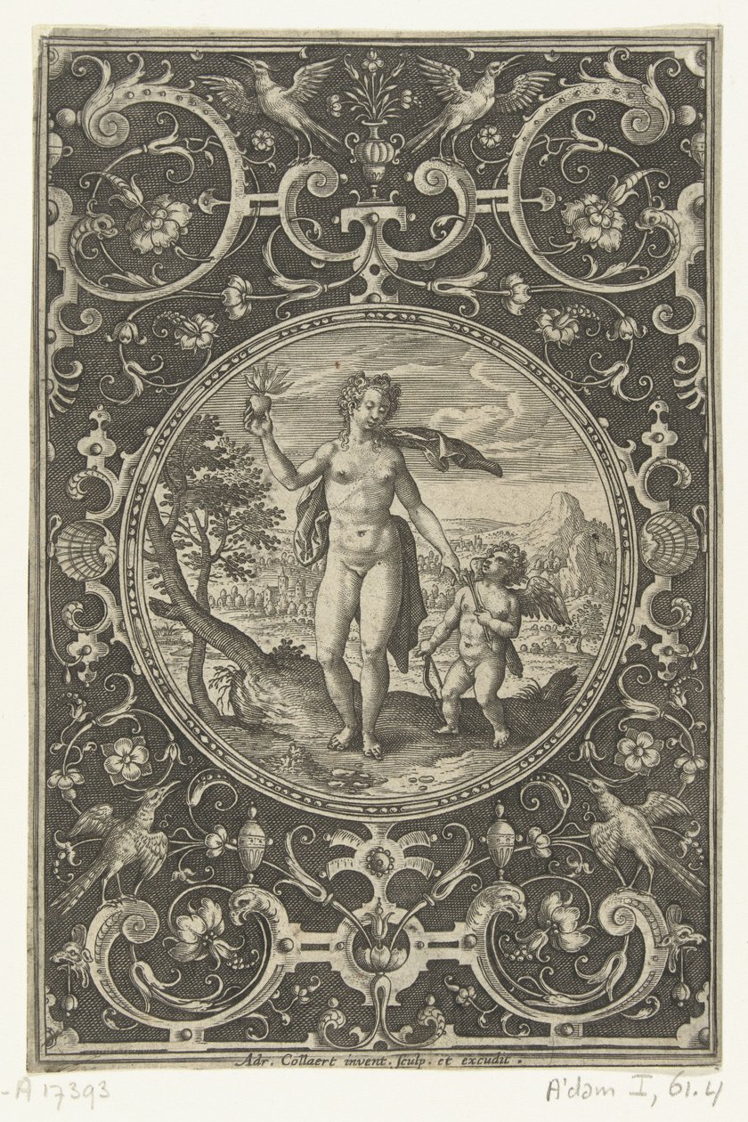 Medalhão com Vénus segurando a maçã de Paris e Amor a seu lado
Medalhões com números do Julgamento de Paris (título da série) de Adriaen Collaert