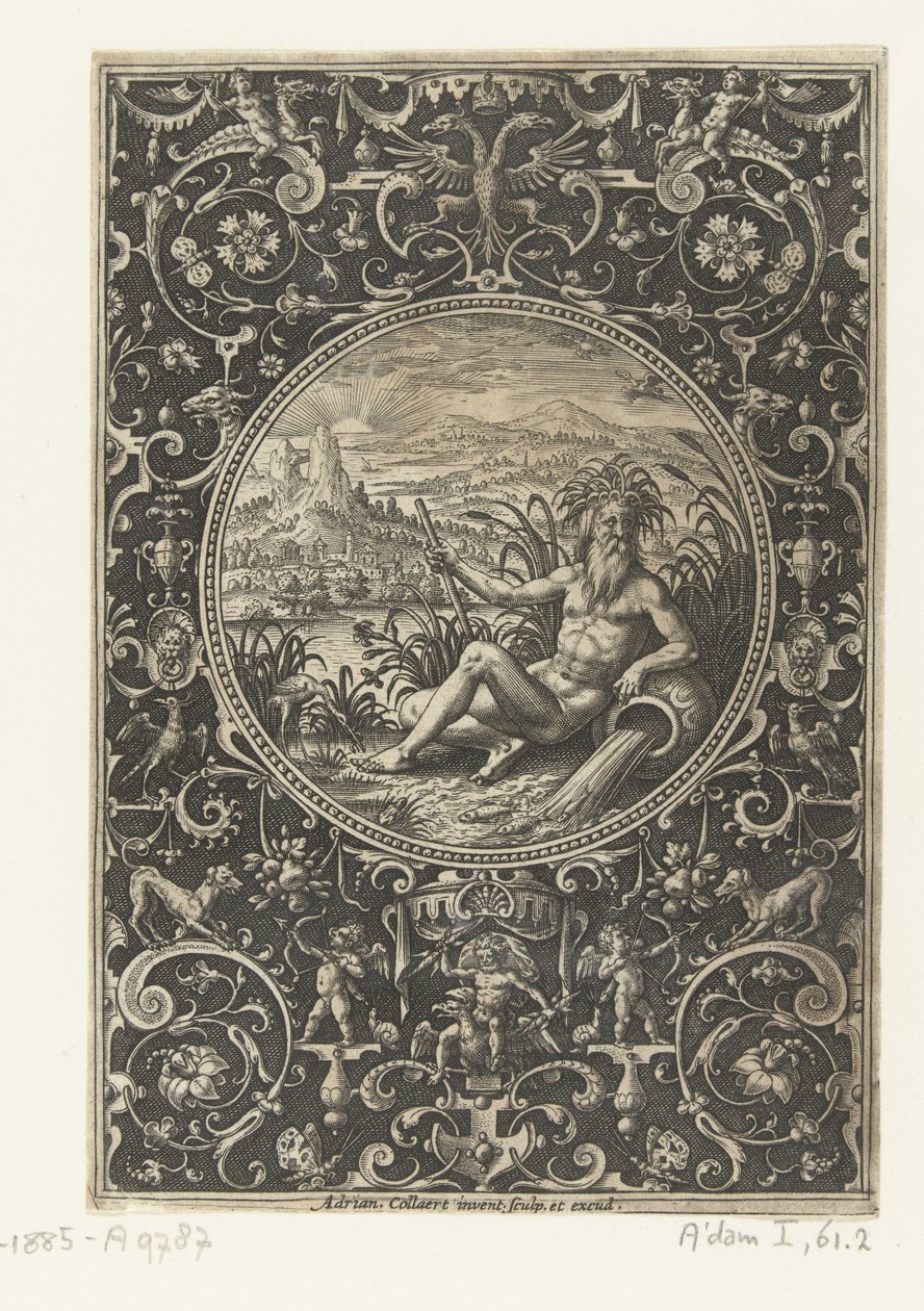 Medalhão em que um deus do rio Medalhões com figuras do Julgamento de Paris (título da série) de Adriaen Collaert
