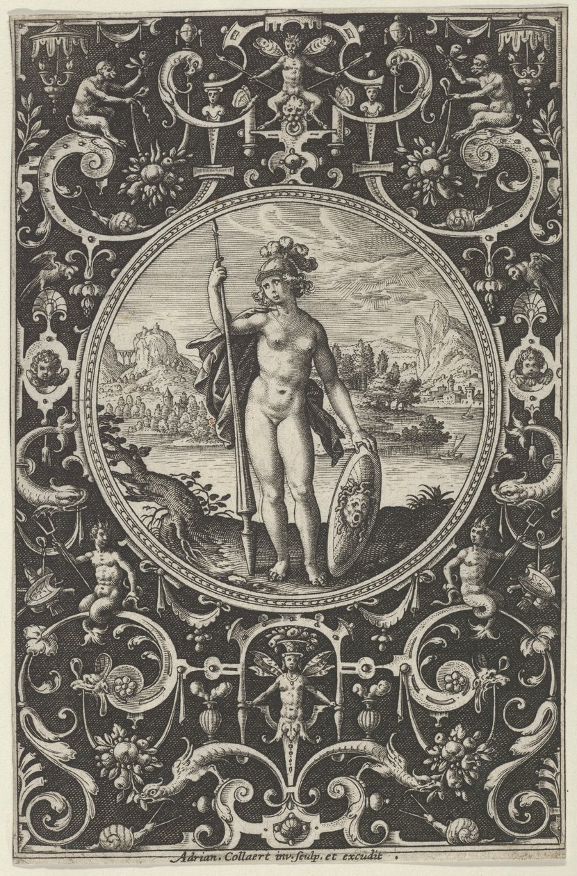 Minerva em uma moldura decorativa com grotescos, do julgamento de Paris, c1580-1600. de Adriaen Collaert