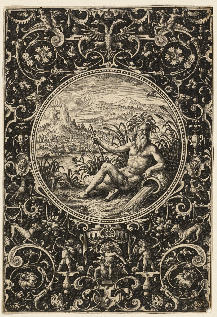 Neptuno como deus do rio, placa dois de O Julgamento de Paris de Adriaen Collaert