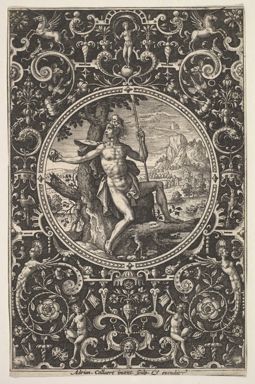 Paris em uma moldura decorativa com grotescos, ca. 1580-1600. de Adriaen Collaert