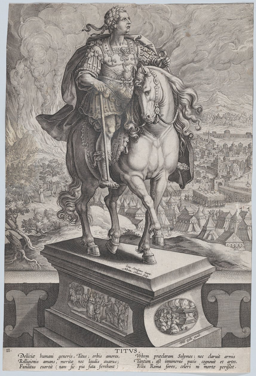 Ilustração 11: estátua equestre de Tito, vista três quartos à direita, Monte Vesúv..., ca. 1587-89. de Adriaen Collaert