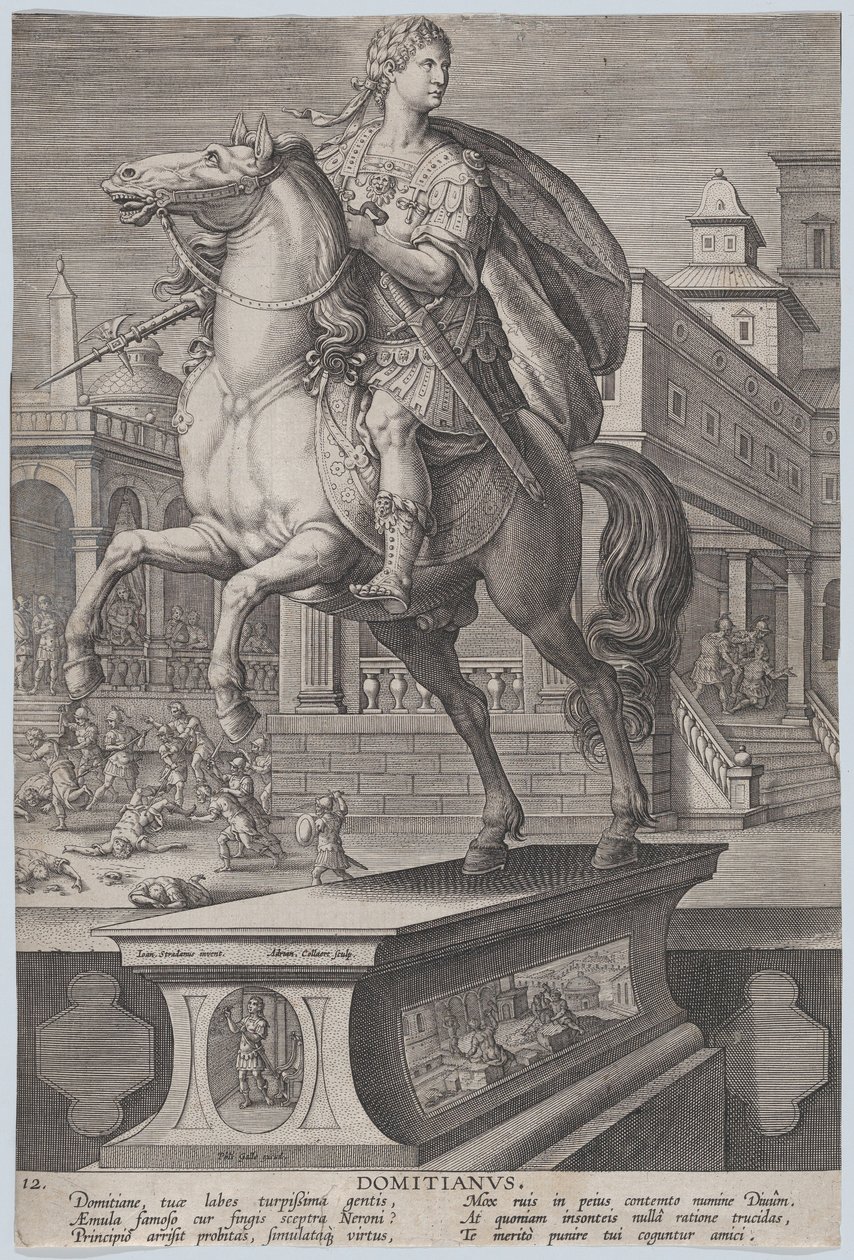 Gravura 12: estátua equestre de Domiciano, vista três quartos à esquerda, com seu ..., ca. 1587-89. de Adriaen Collaert