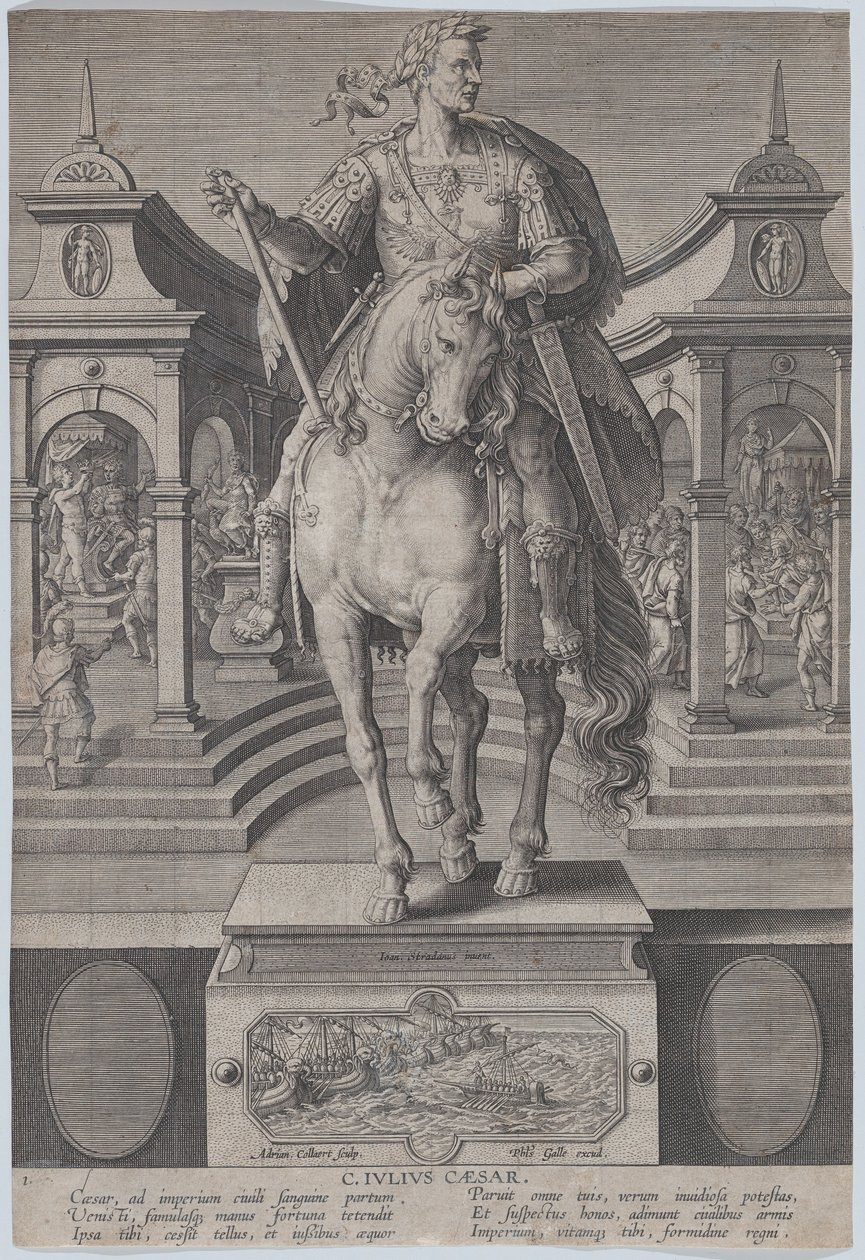 Ilustração 1: estátua equestre de Júlio César, vista de frente, com cena de um..., c. 1587-89. de Adriaen Collaert