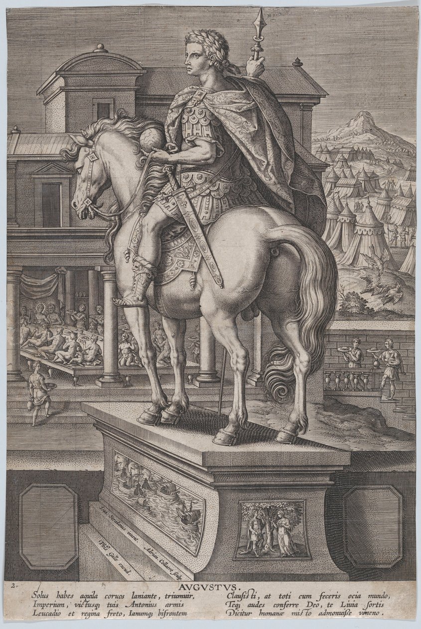 Ilustração 2: estátua equestre de Augusto, segurando um globo e vista por trás, com ..., ca. 1587-89. de Adriaen Collaert