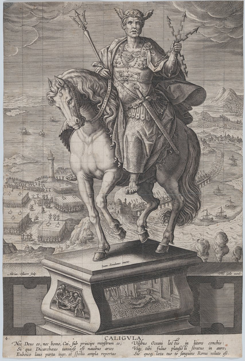 Gravura 4: estátua equestre de Calígula, vista três quartos à esquerda, vestindo uma ..., ca. 1587-89. de Adriaen Collaert