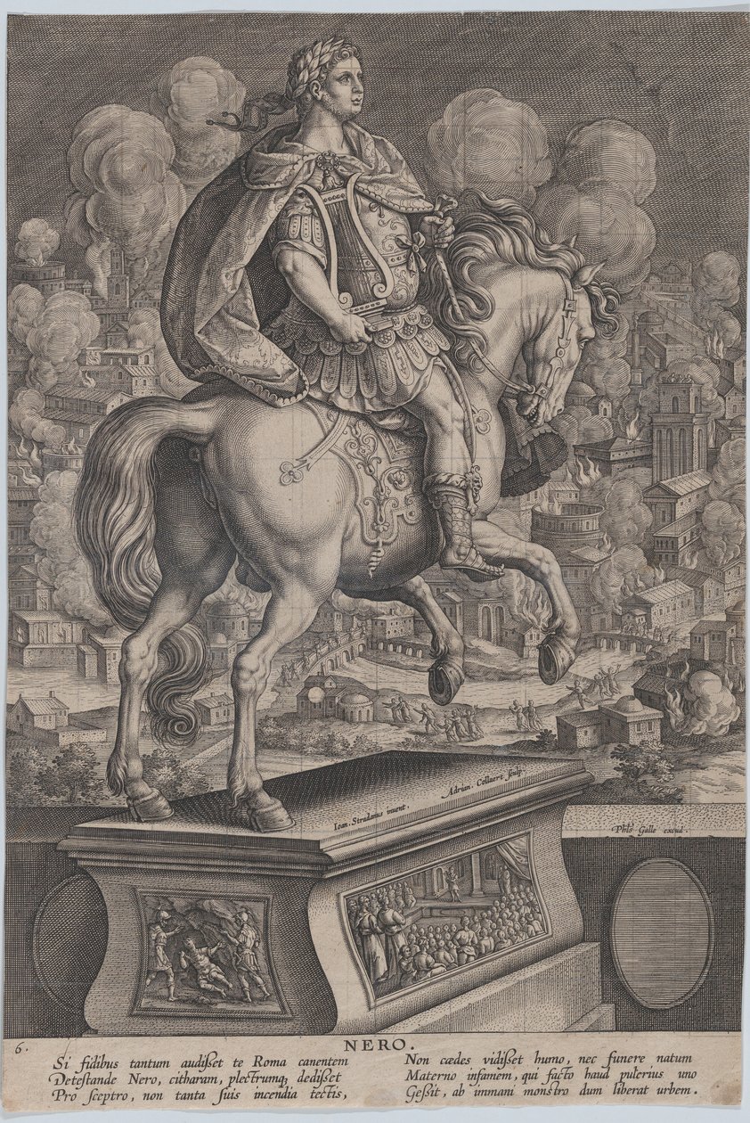 Ilustração 6: estátua equestre de Nero, vista por trás, o Grande Incêndio de Roma no..., c. 1587-89. de Adriaen Collaert