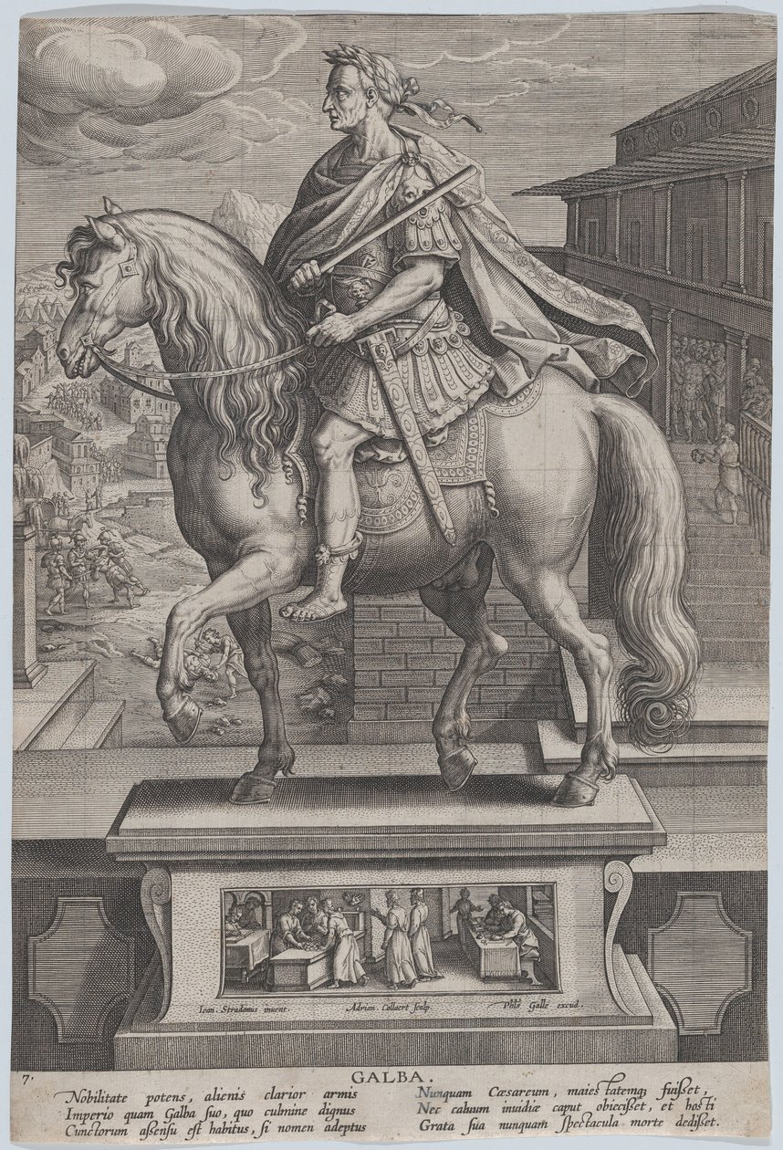 Gravura 7: estátua equestre de Galba, de perfil à esquerda, com cena de decapitação..., c. 1587-89. de Adriaen Collaert