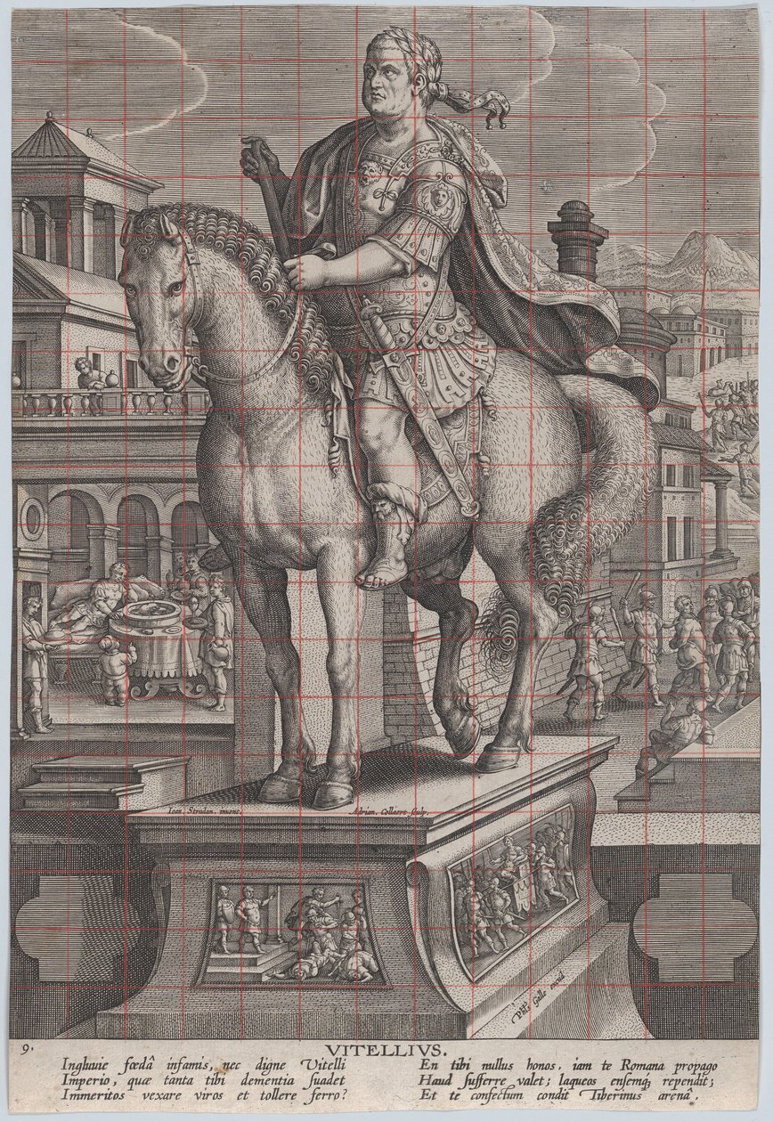 Gravura 9: estátua equestre de Vitélio, vista três quartos à esquerda, com seu ..., ca. 1587-89. de Adriaen Collaert
