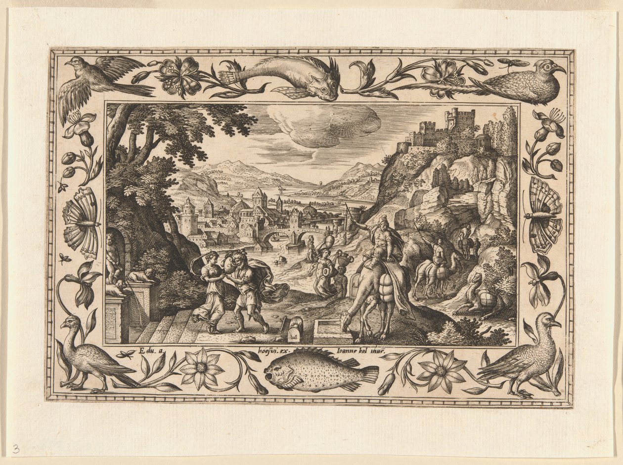Rebeca e Eliézer junto ao poço, de Paisagens com cenas do Antigo e do Novo Testamento e cenas de caça de Adriaen Collaert