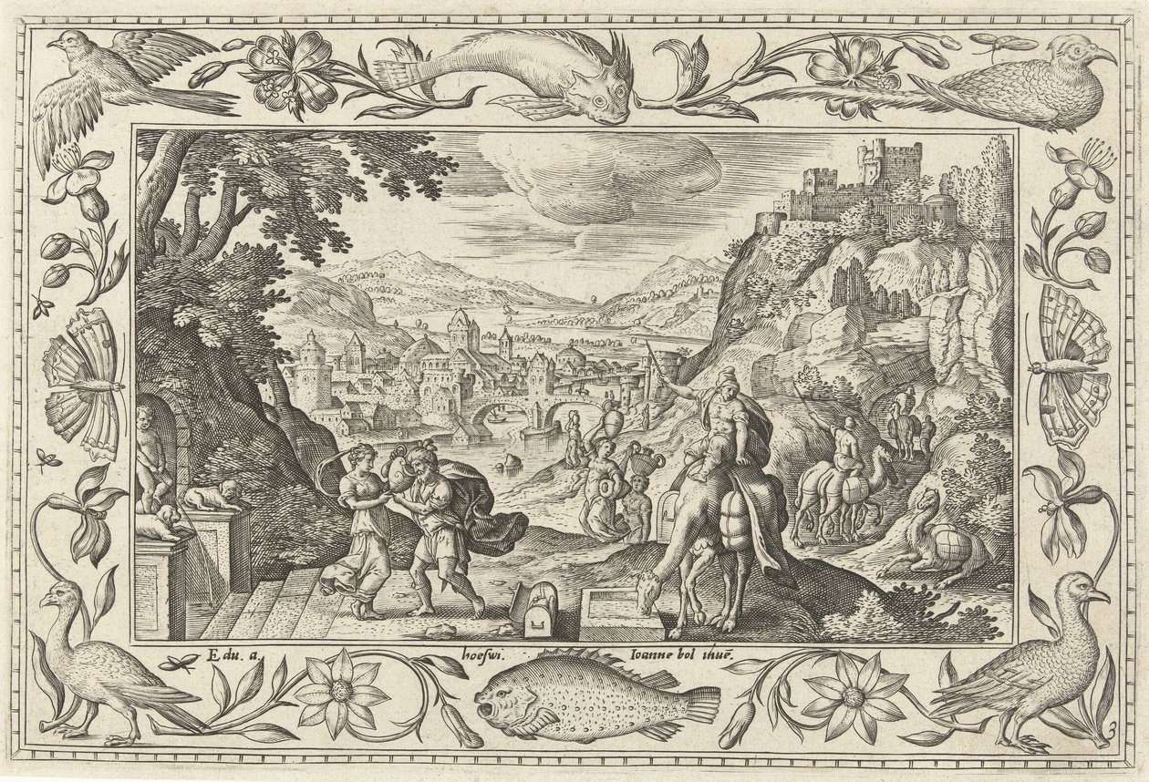 Rebeca e Eliezer no poço Paisagens com cenas bíblicas, mitológicas e de caça (título da série) de Adriaen Collaert