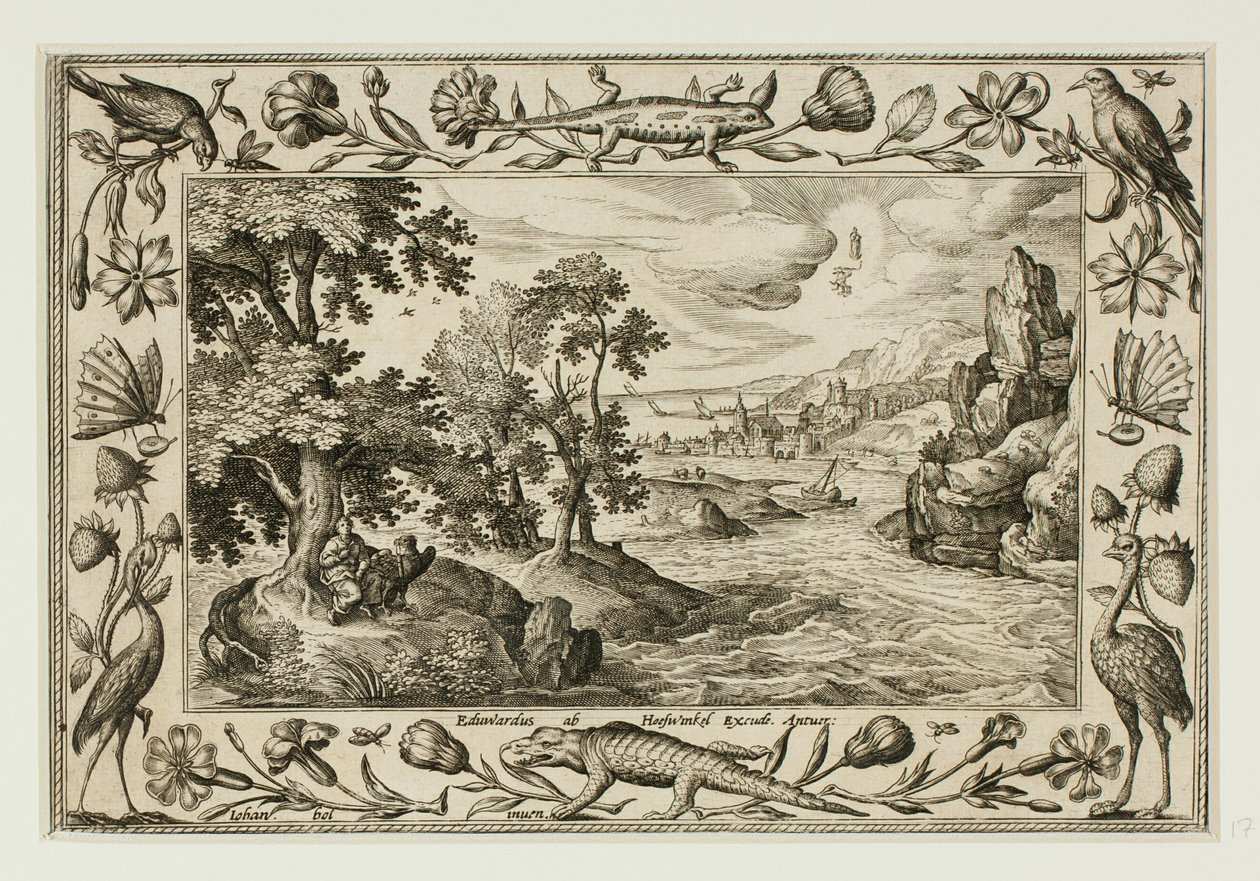 São João em Patmos, de Paisagens com cenas do Antigo e do Novo Testamento e cenas de caça de Adriaen Collaert