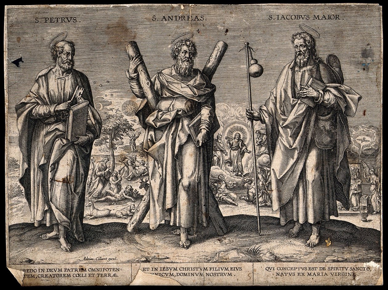 São Pedro Apóstolo, Santo André Apóstolo e São Tiago Maior. Gravura. de Adriaen Collaert