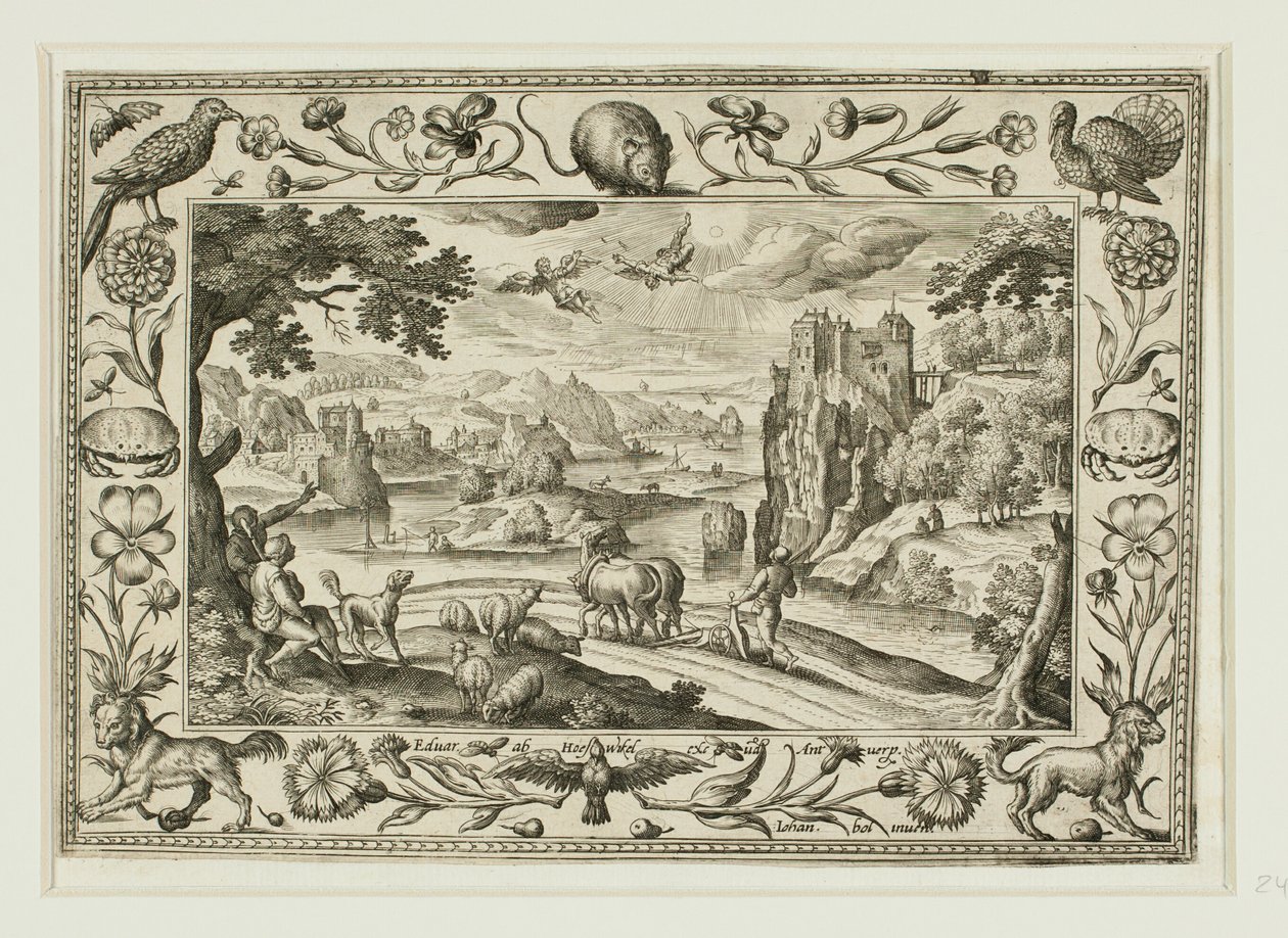 A queda de Ícaro, de Paisagens com cenas do Antigo e do Novo Testamento e cenas de caça de Adriaen Collaert