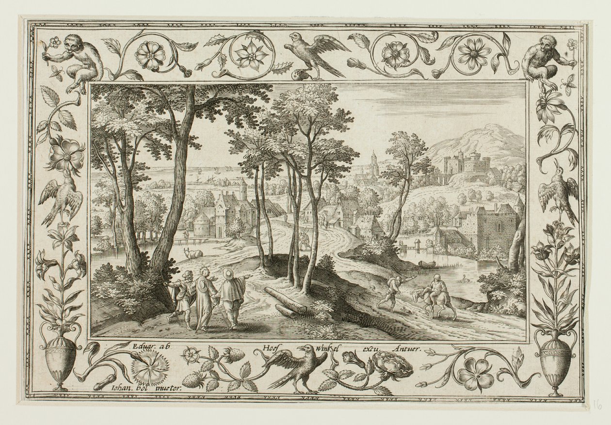 A Viagem a Emaús, a partir de Paisagens com cenas do Antigo e do Novo Testamento e cenas de caça de Adriaen Collaert
