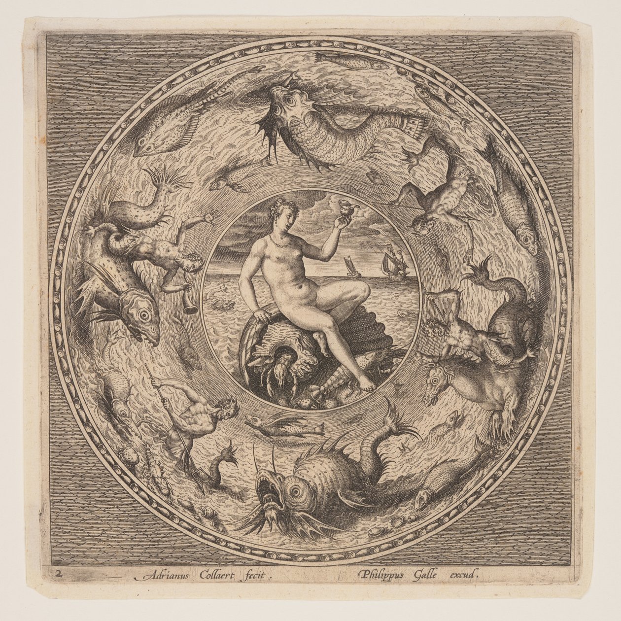 Tétis sobre uma concha, de um conjunto de desenhos para placas (Fonds de Coupe) de Adriaen Collaert