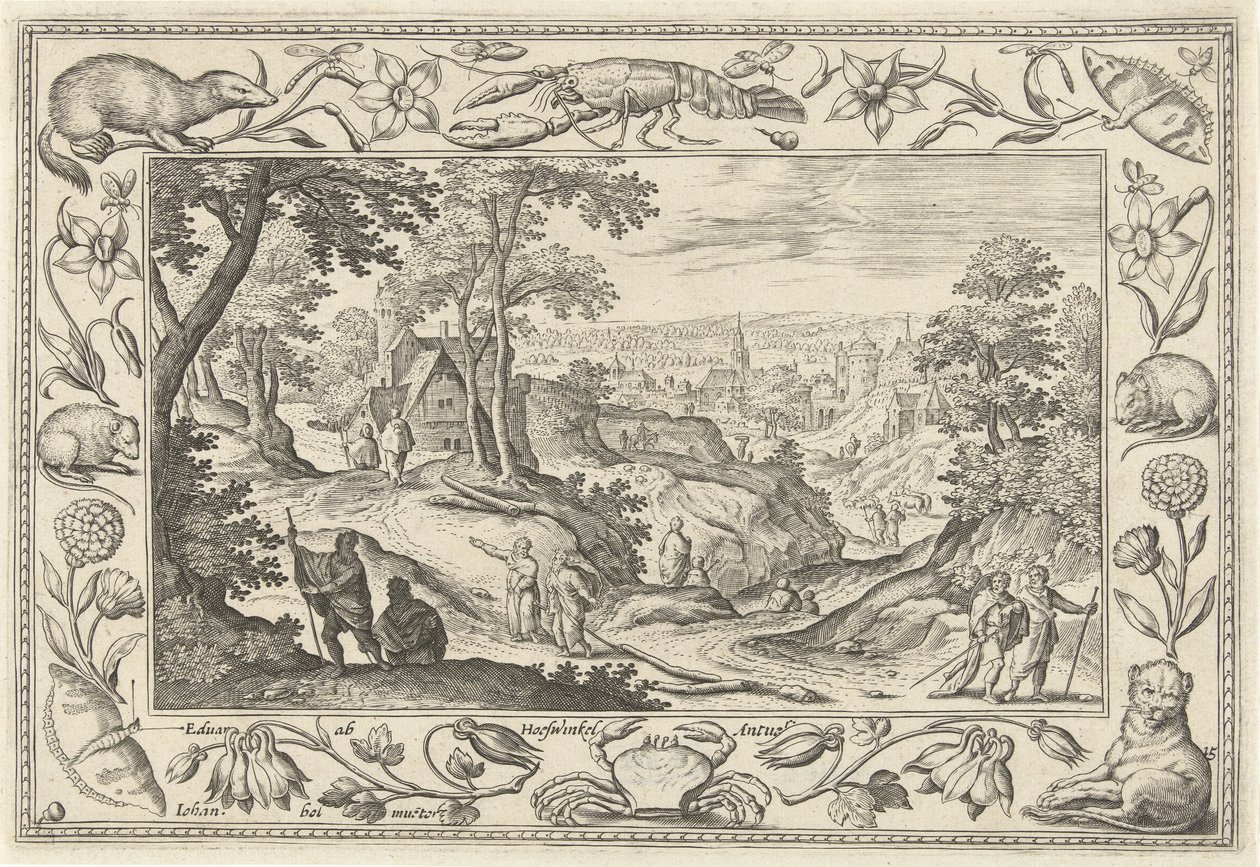 Transmissão dos Apóstolos Paisagens com cenas bíblicas, mitológicas e de caça (título da série) de Adriaen Collaert