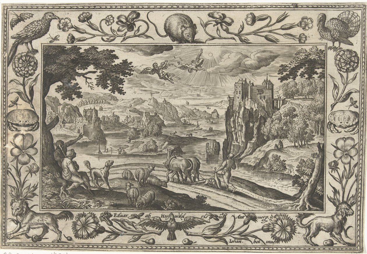 Queda de Ícaro Paisagens com cenas bíblicas, mitológicas e de caça (título da série) de Adriaen Collaert