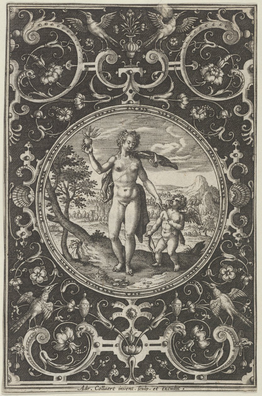 Vênus e Cupido em uma moldura decorativa com grotescos, do Julgamento de Paris..., c1580-1600. de Adriaen Collaert