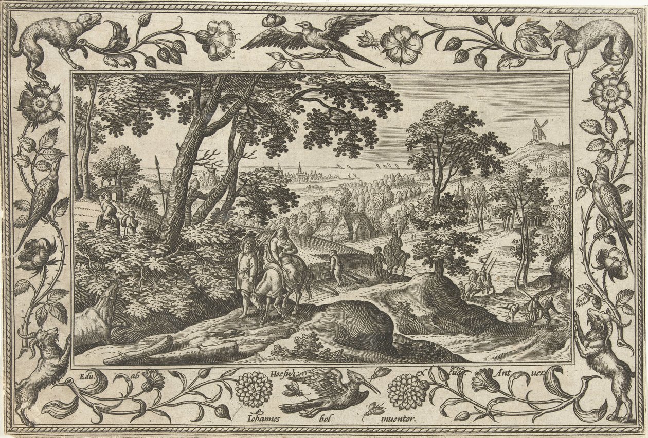 Voo para o Egito Paisagens com cenas bíblicas, mitológicas e de caça (título da série) de Adriaen Collaert