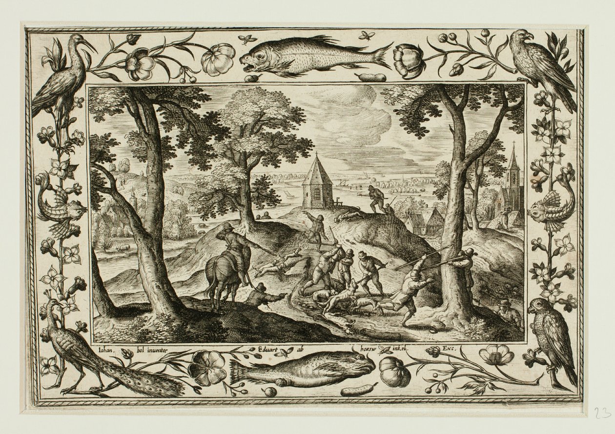 Caça ao lobo, de Paisagens com cenas do Antigo e do Novo Testamento e cenas de caça de Adriaen Collaert