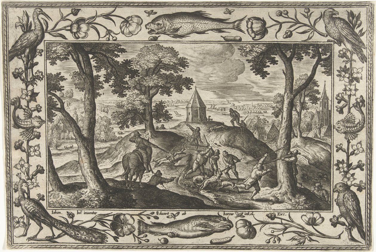 caça ao lobo Paisagens com cenas bíblicas, mitológicas e de caça (título da série) de Adriaen Collaert
