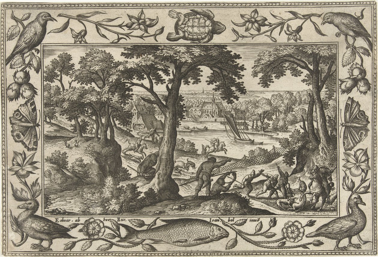 Caça ao javali
Paisagens com cenas bíblicas, mitológicas e cenas de caça (título da série) de Adriaen Collaert
