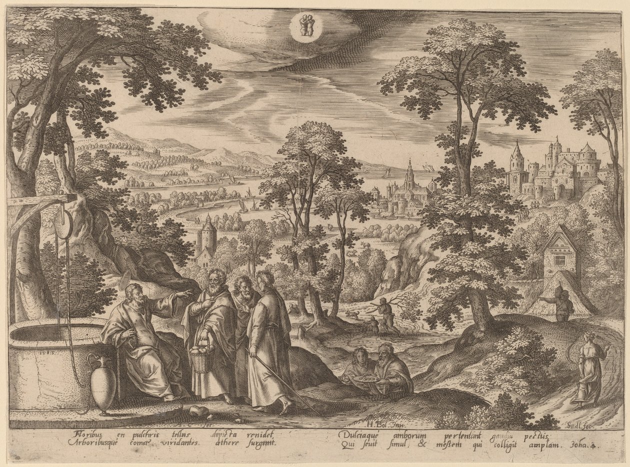 Cristo e a Mulher de Samaria de Adriaen Collaert after Hans Bol