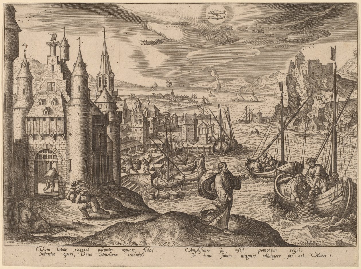 Jesus chamando os apóstolos entre os pescadores de Adriaen Collaert after Hans Bol