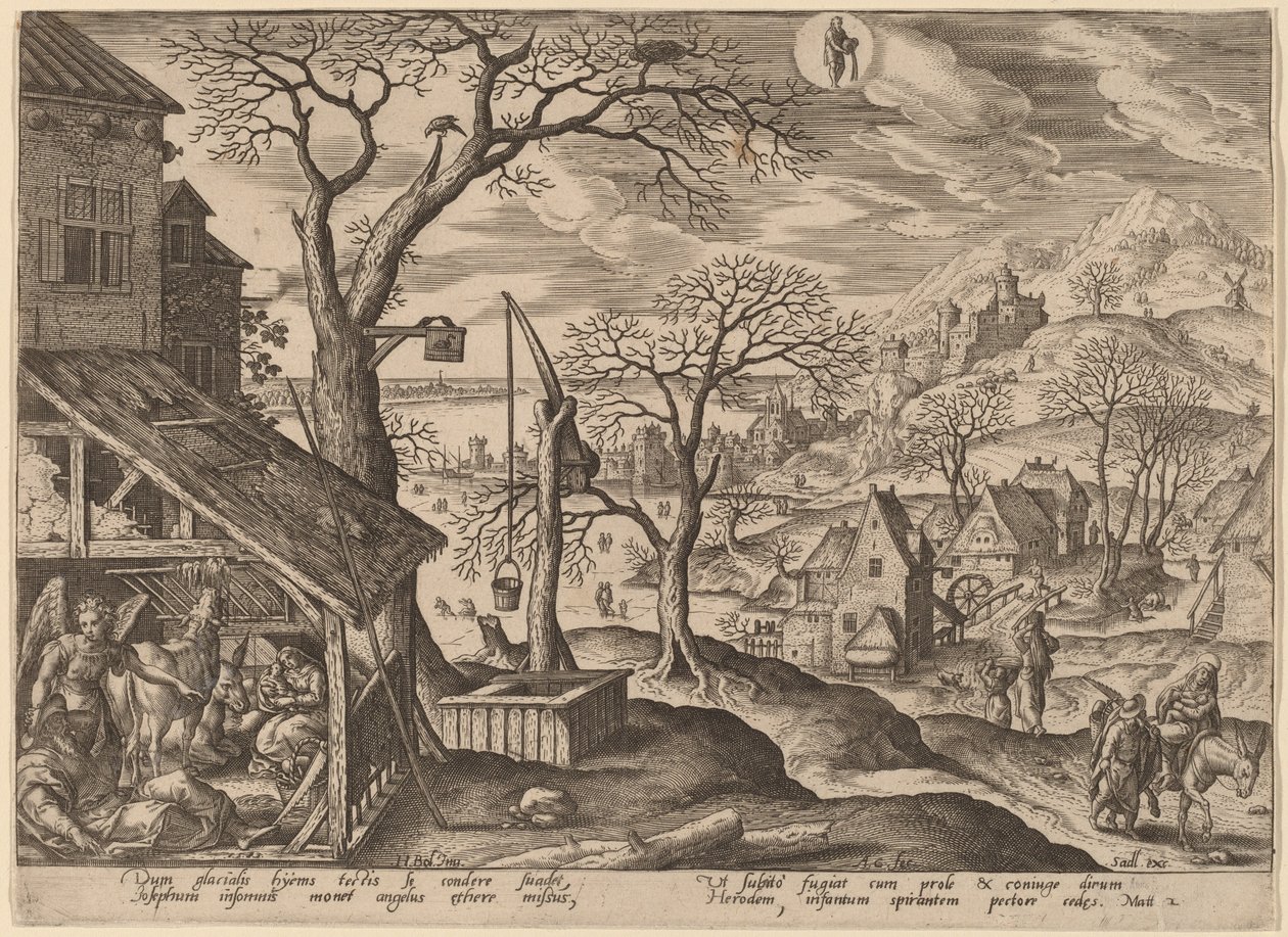 O anjo mandando José fugir e a fuga para o Egito de Adriaen Collaert after Hans Bol