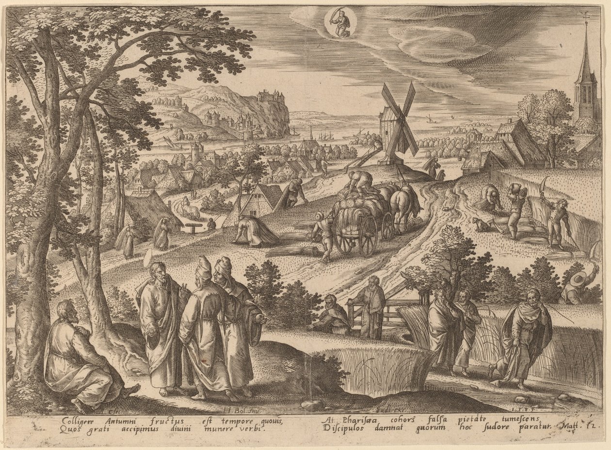 A colheita de espigas de milho no dia de sábado de Adriaen Collaert after Hans Bol